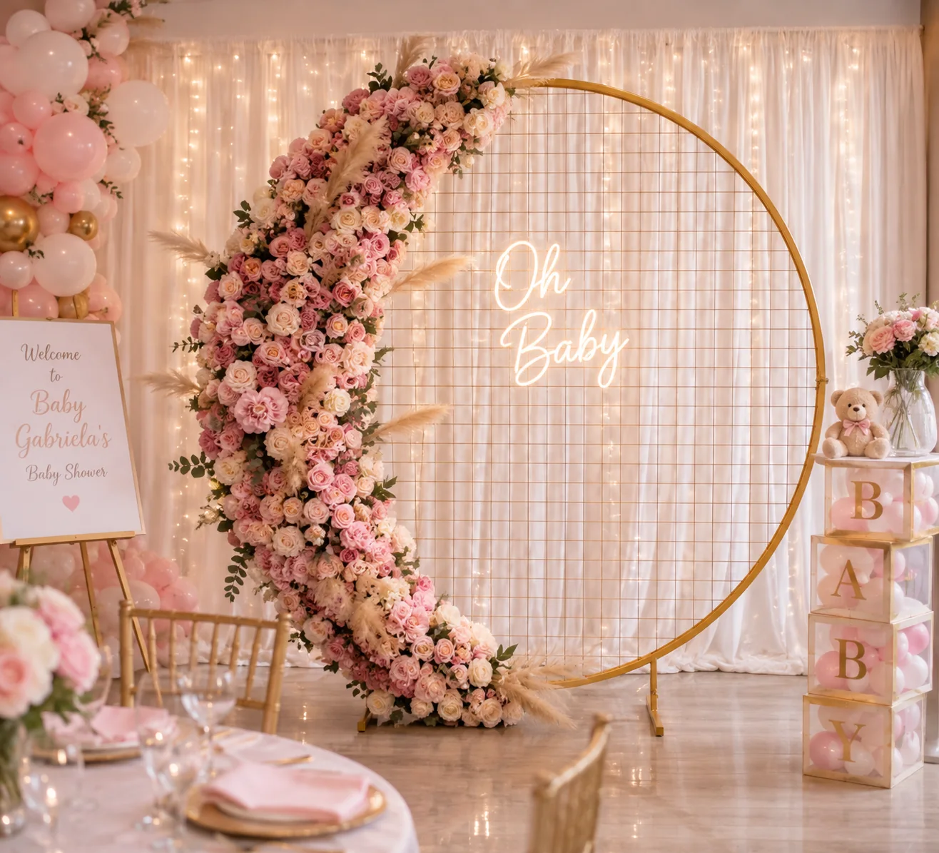 Pink baby shower ring backdrop
